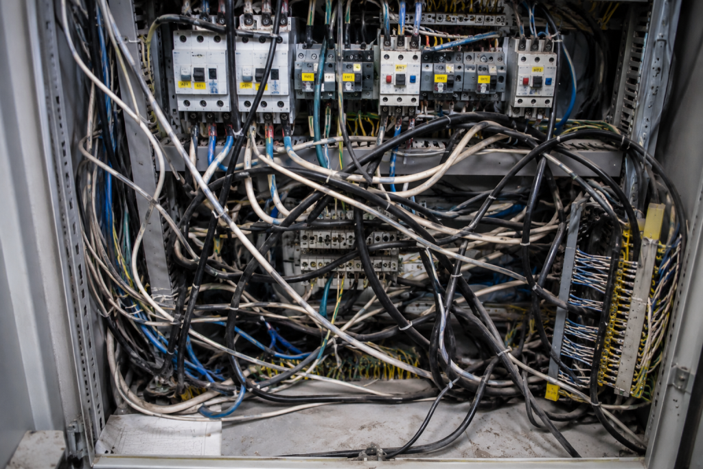 f4fee3b4-3a98-4d6e-8943-1a205eff6596.png Хаотичная укладка кабелей внутри ВРУ с нарушением монтажа